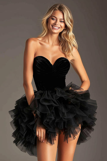 Black Tulle A Line Strapless Hoemcoming Dress